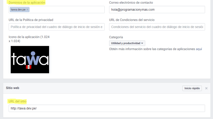 Facebook app dominio y url