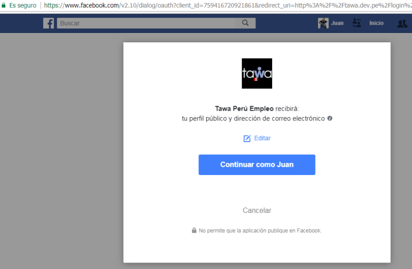Solicitud de permisos básicos en Facebook