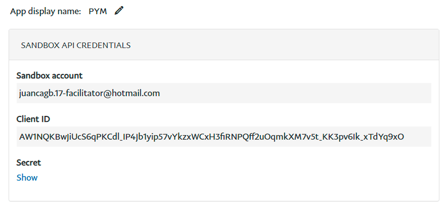 Credenciales PayPal a usar en nuestro proyecto