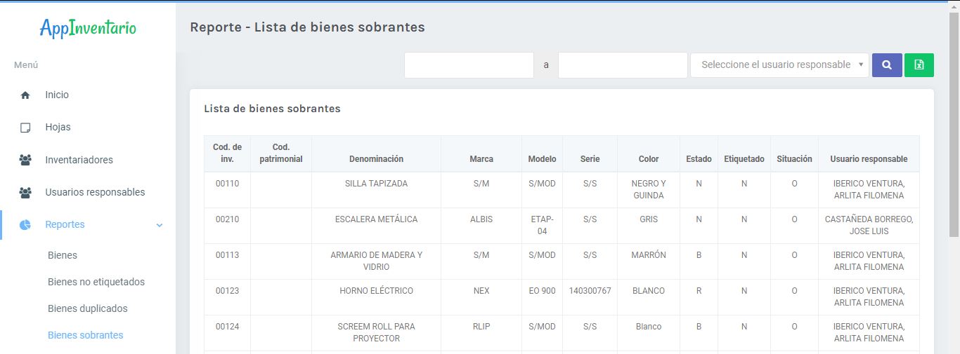 Reporte bienes sobrantes - Administrador