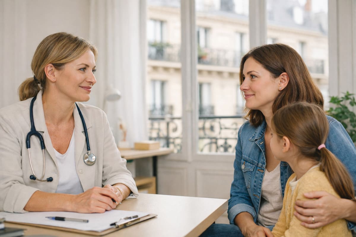 an expatriate mother and her child seeing a doctor in France