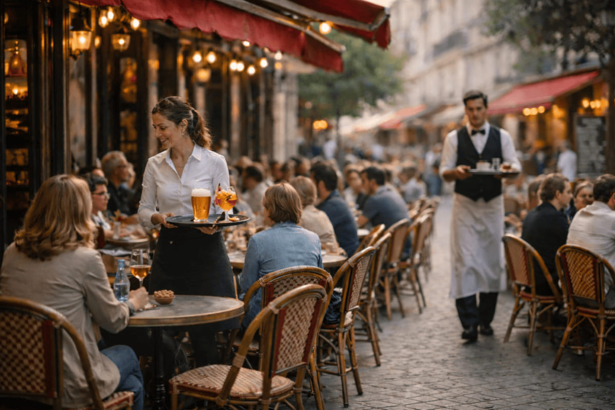 terrasse de bistrot parisien avec serveurs