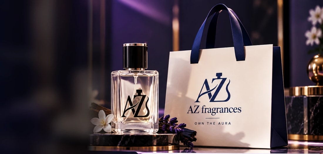 زجاجة عطر AZ Fragrances الفاخرة بجوار شنطة AZ الرسمية
