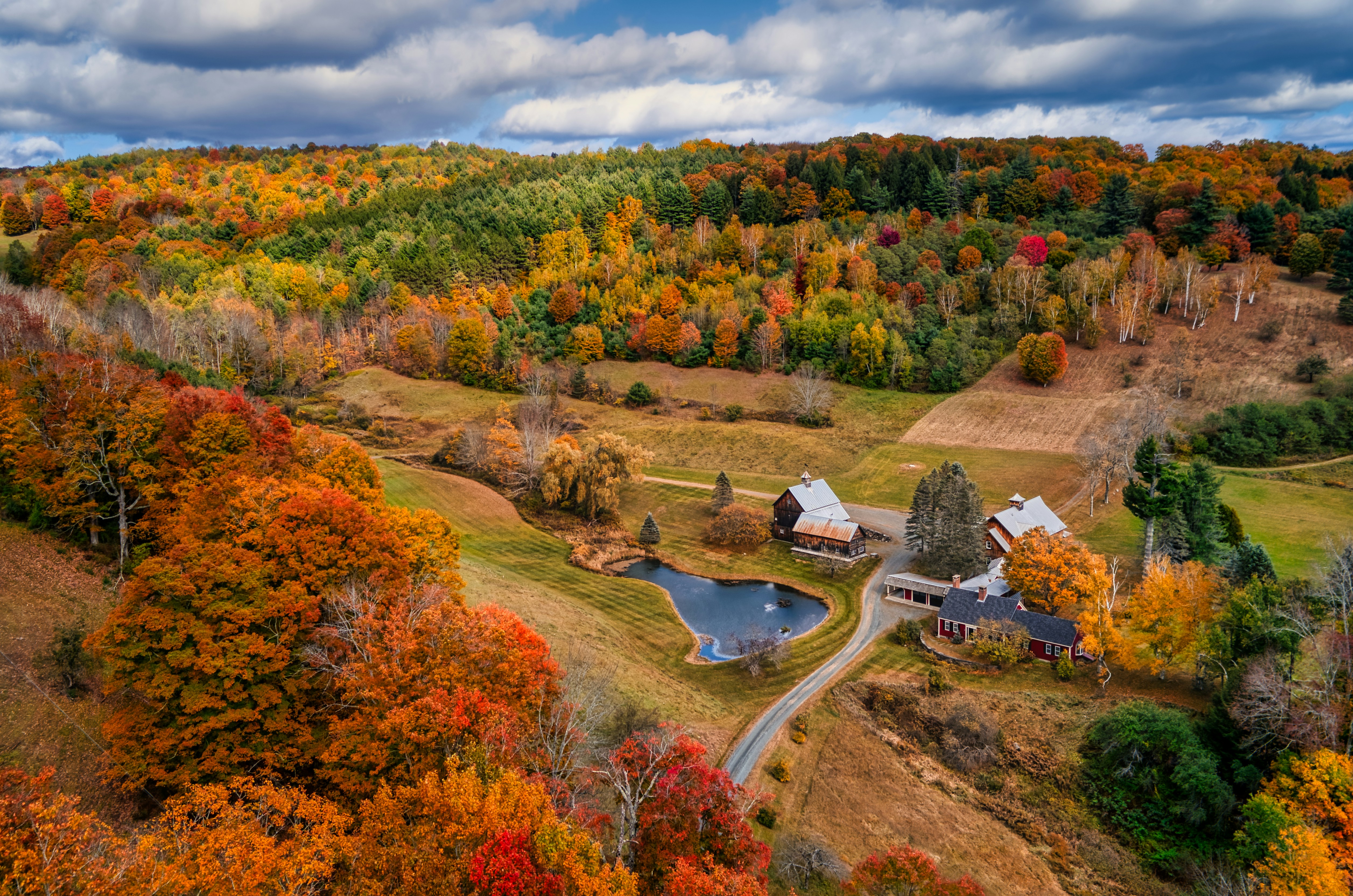 Vermont autumn farm drone shot overhead fall leaves