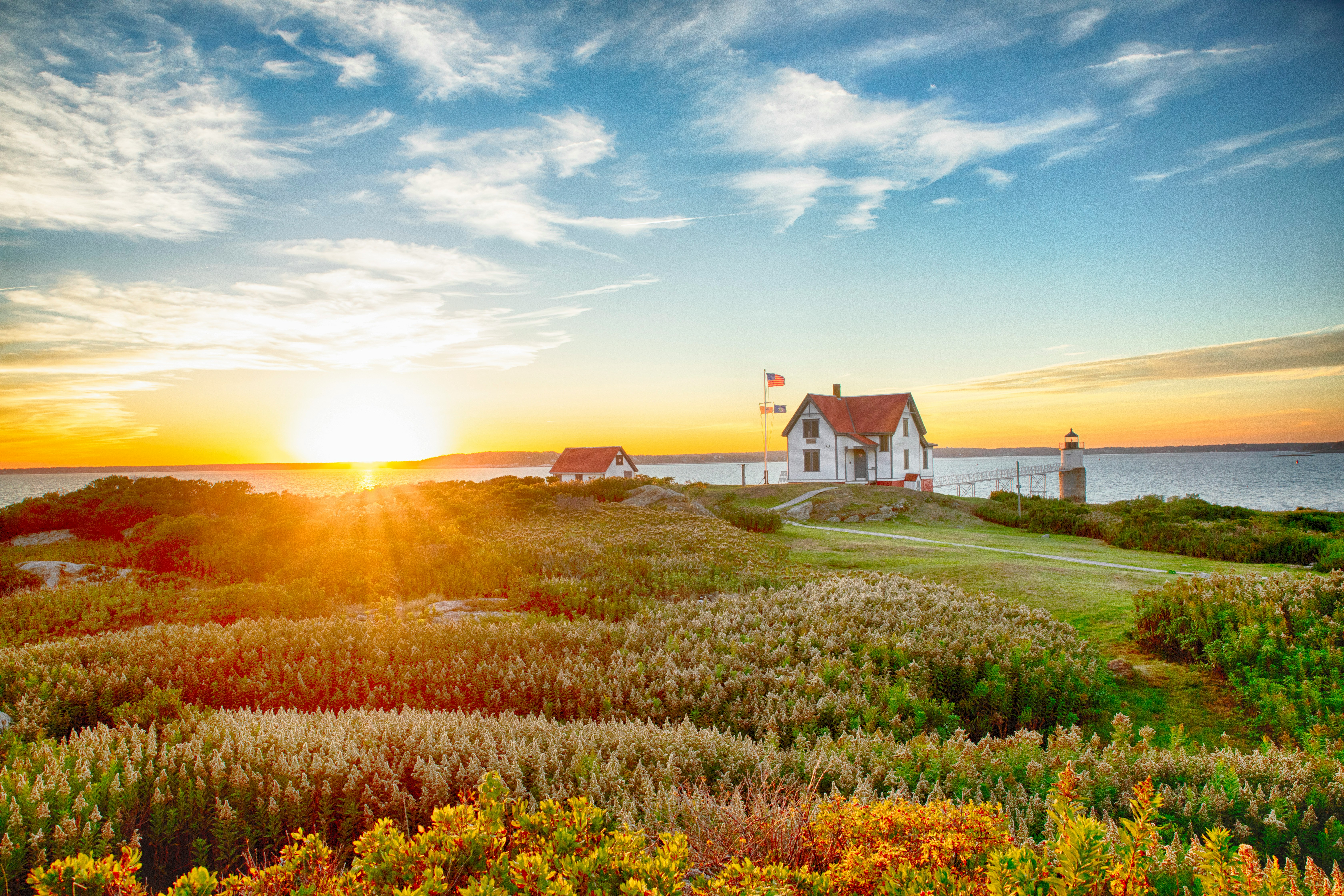 a cottage by the water surrounded by greenery at sunset