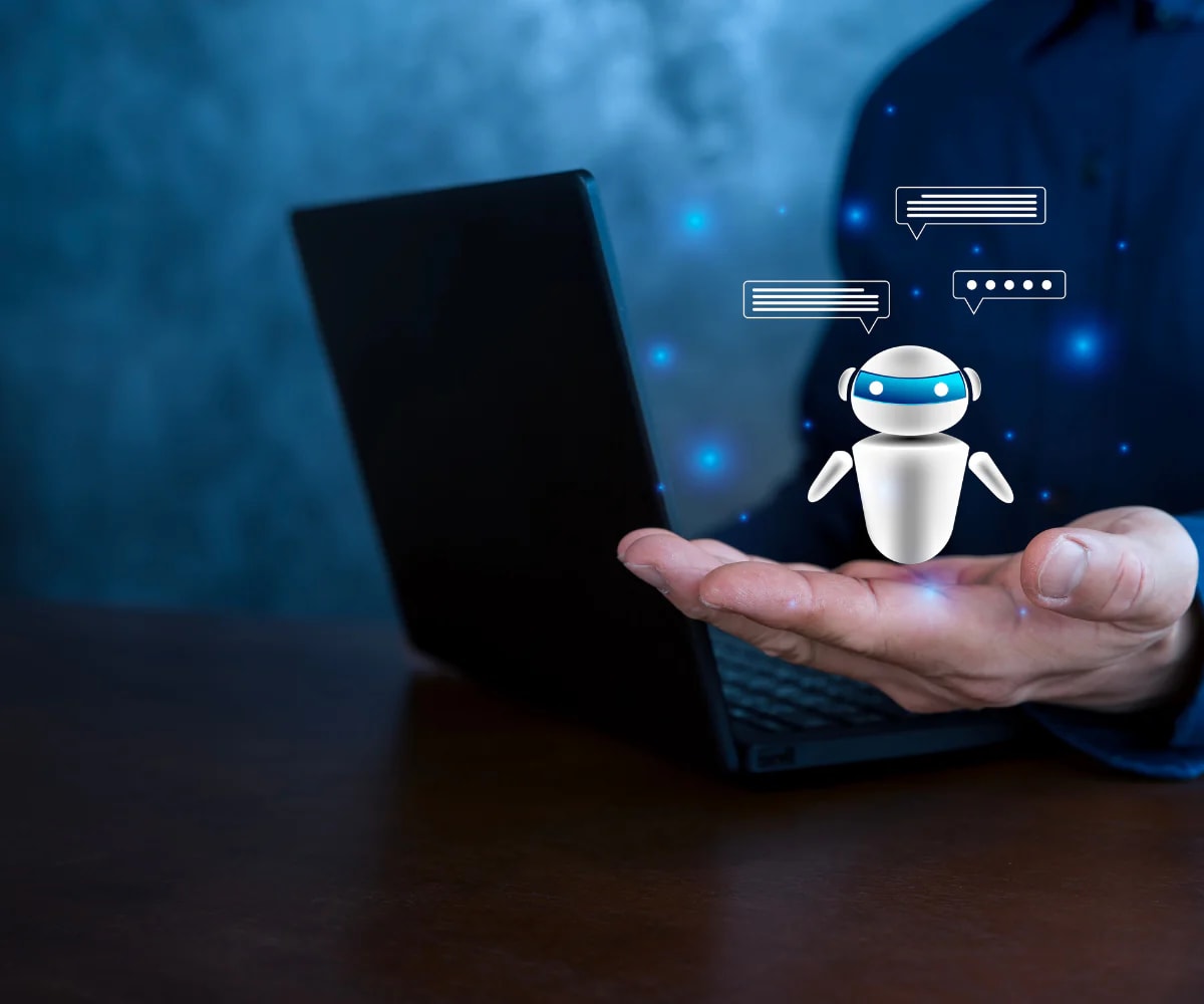 AI assistant interface showing multilingual chat with voice, chat, email, and WhatsApp icons connected to a glowing AI brain, demonstrating conversational intelligence