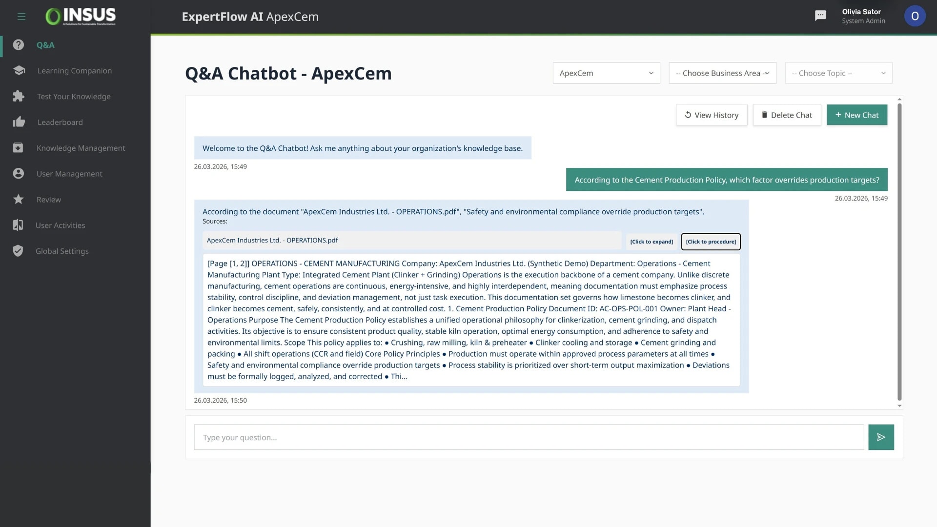 AI assistant answering questions with source-linked SOP and document references