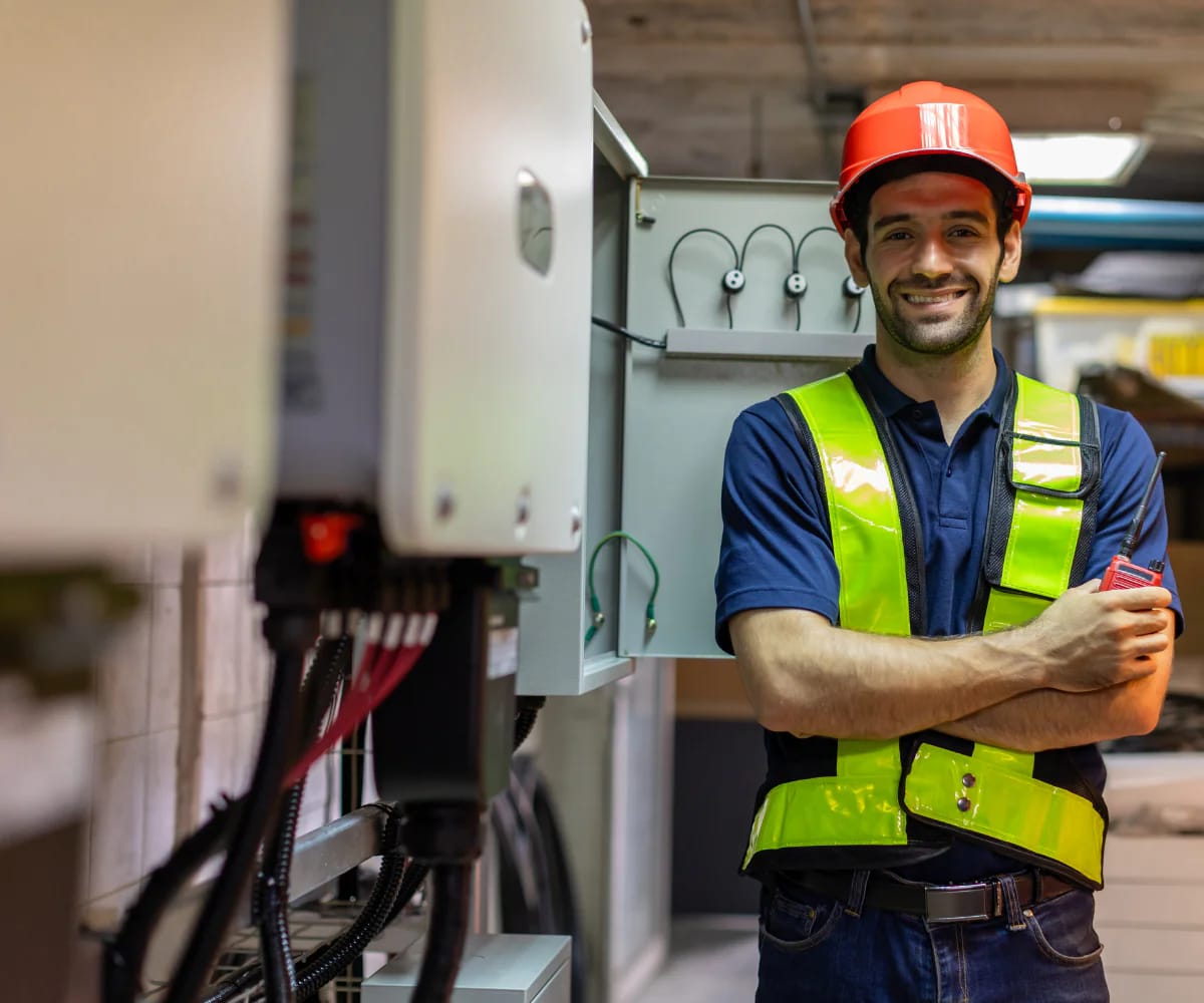 AI-powered predictive maintenance system showing industrial machinery with sensor overlays, real-time monitoring dashboards, and anomaly detection alerts