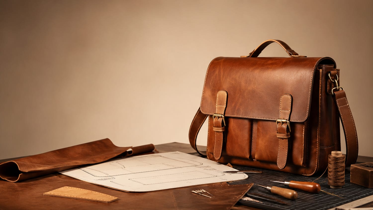 Handcrafted leather bag beside a printed leathercraft pattern and tools