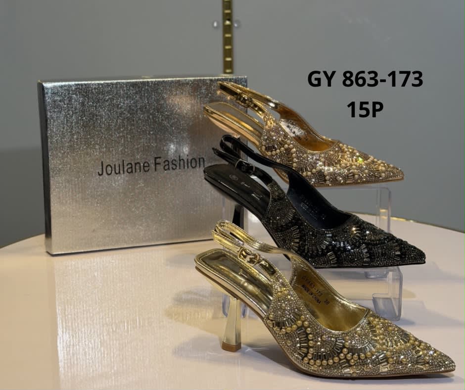 GY 863-173 — حذاء سهرة مدبب بنقشة شبكية مرصعة وحزام خلفي