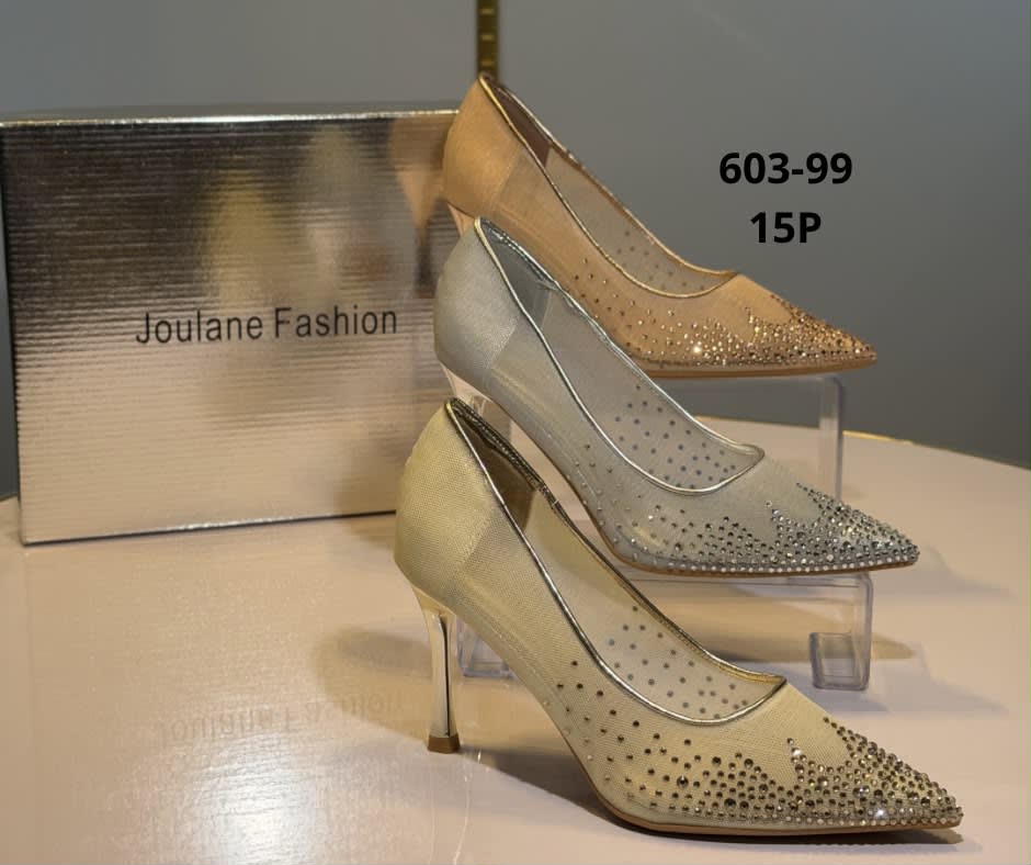 603-99 — Escarpin femme pointu à motif ajouré strassé et talon fin