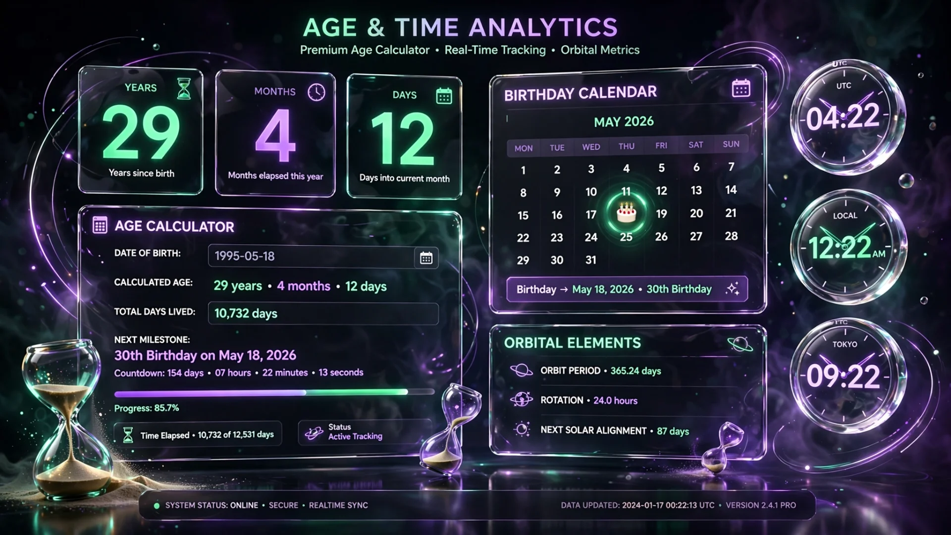 Exact age calculator displaying years, months, and days..webp
