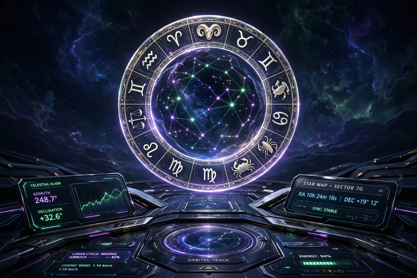 Western zodiac calculator with glowing constellation wheel..webp