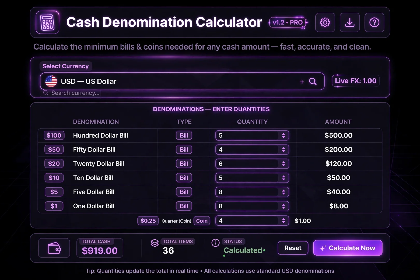 Cash Denomination Calculator | Count Notes & Live Rates