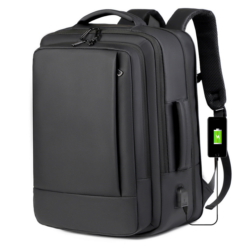 High-End Men's Backpack Custom Printed Logo Large Capacity Expandable Waterproof Computer Bag Polyester Zipper USB Port