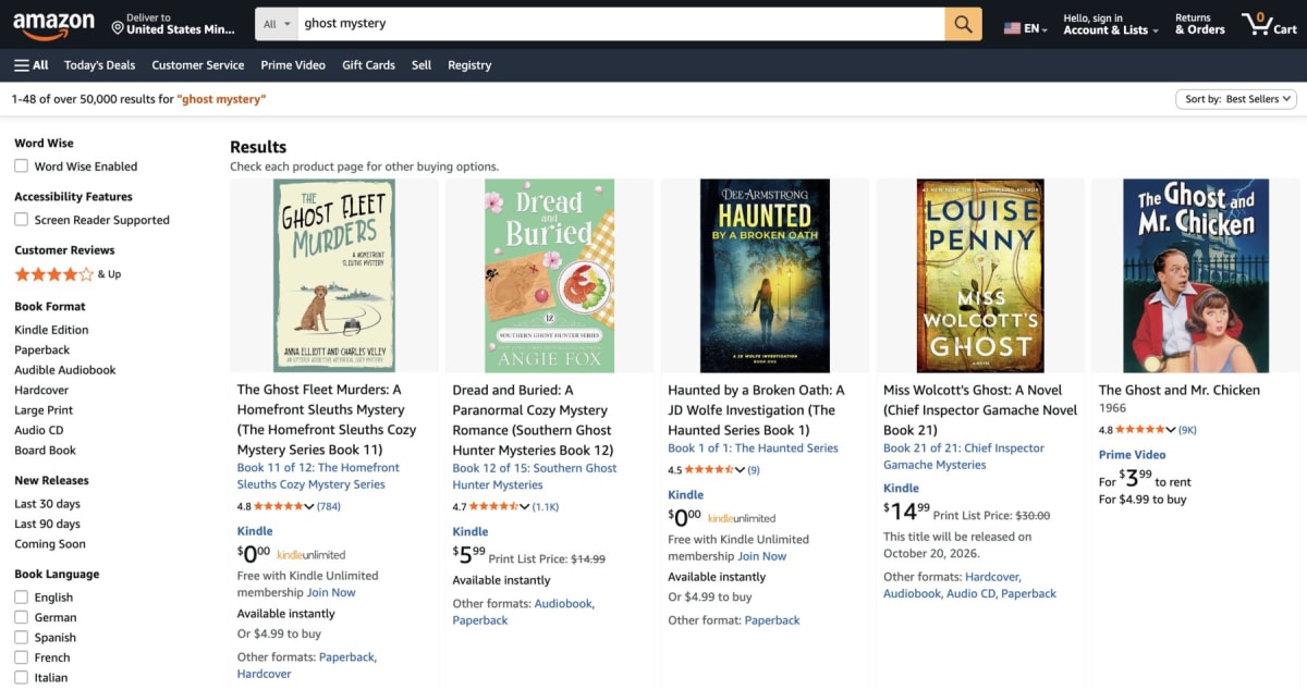Amazon best seller rank for a ghost mystery paperback