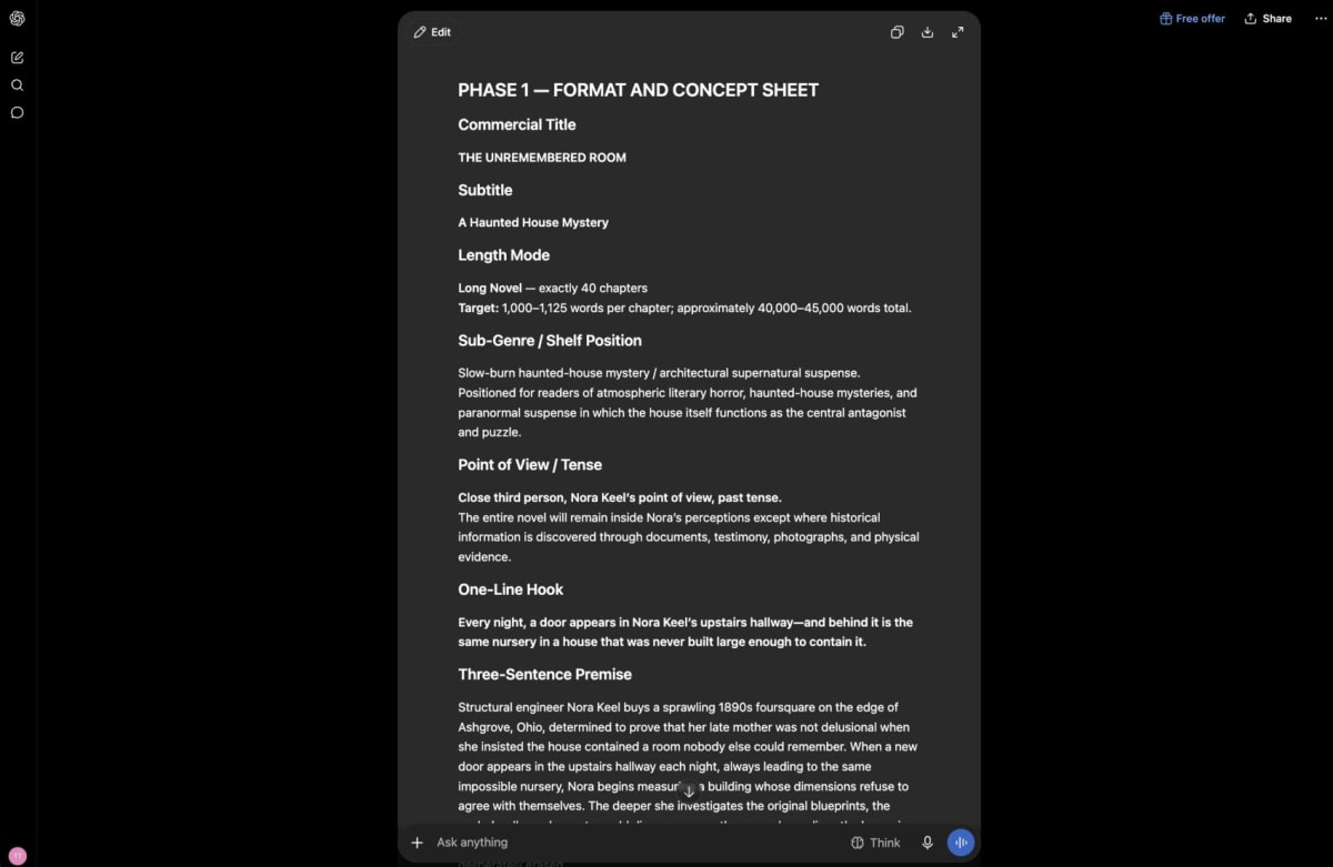 ChatGPT returning the concept sheet and story bible
