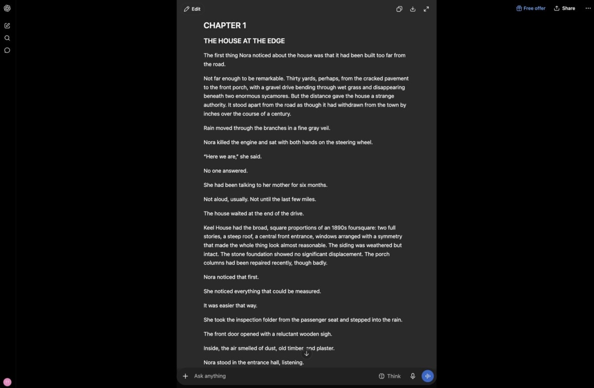 ChatGPT drafting chapter one of the novel