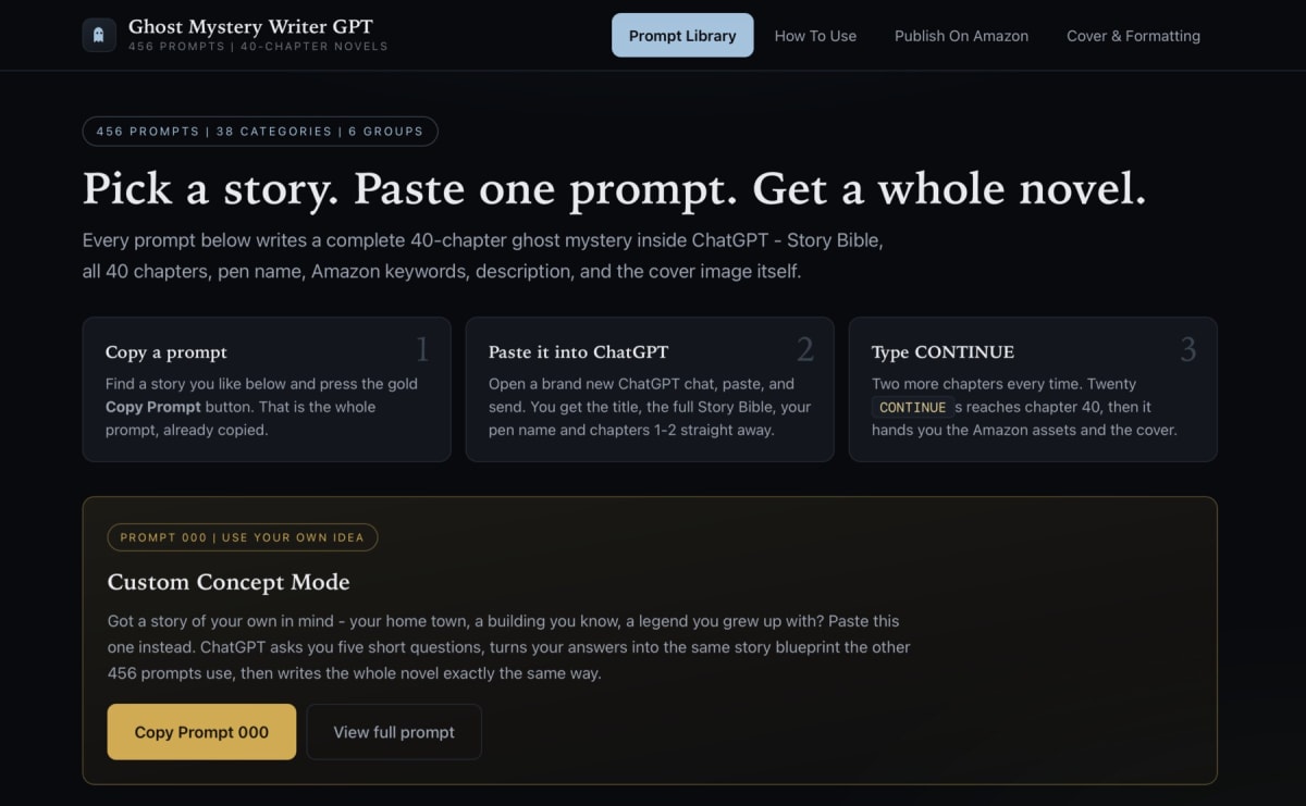 The Prompt Library tab showing ghost mystery categories and prompts