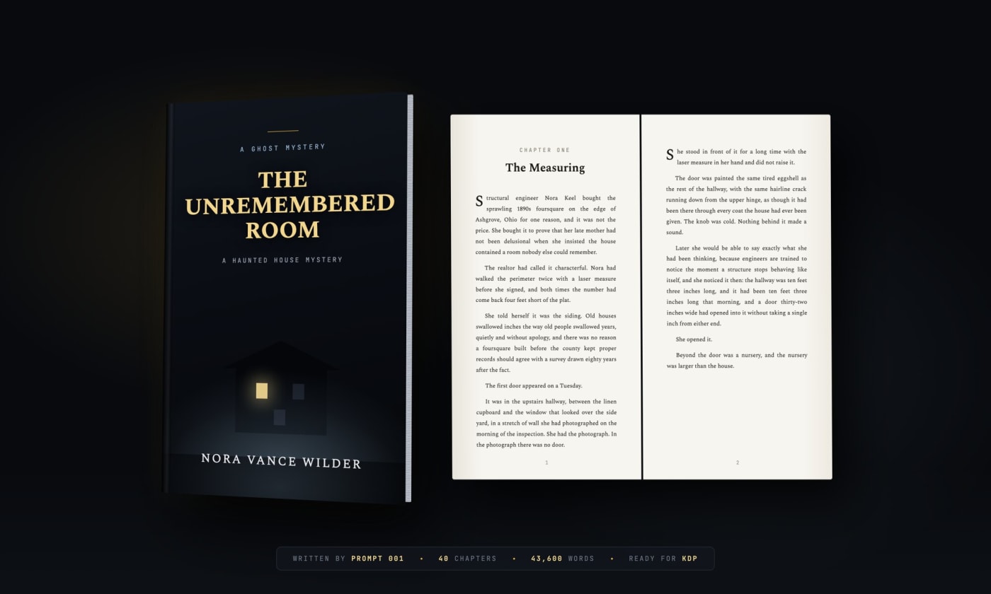 The finished paperback and its interior pages, laid out and paginated