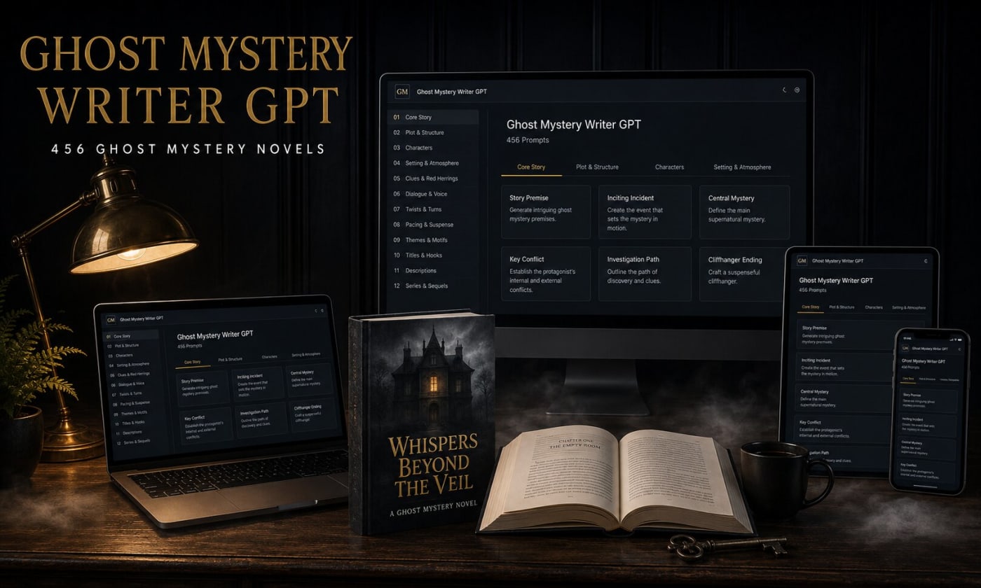 Ghost Mystery Writer GPT shown on a desktop, laptop, tablet and phone beside a printed ghost mystery paperback