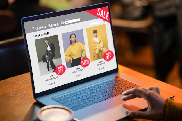 Custom Shopify Development Store with Product Showcase Custom Shopify development store displayed on a laptop with featured products and promotional sale banners.