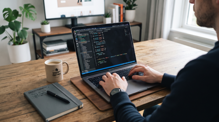 Custom Shopify Development by an Expert Shopify Developer Developer coding a custom Shopify development project on a laptop for a high-performance eCommerce store.