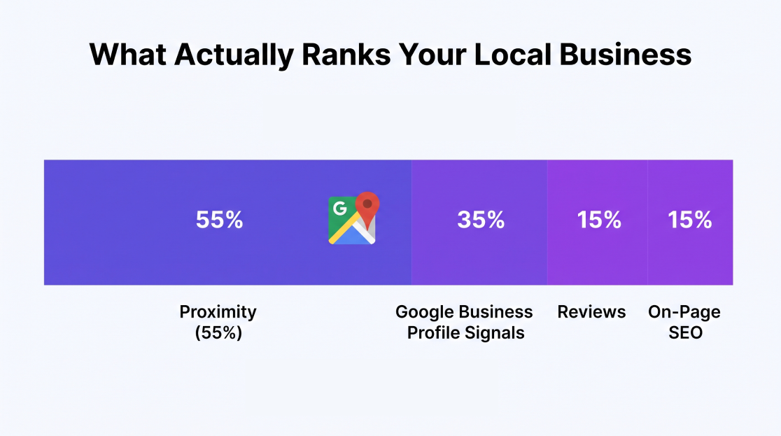 What Actually Ranks Your Local Business Bar chart showing local SEO ranking factor weights: proximity 55%, Google Business Profile signals 35%, reviews 15%, on-page SEO 15%