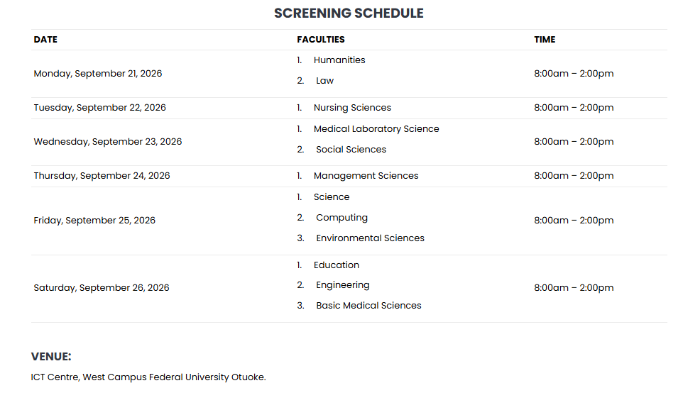 FUO Screening schedule