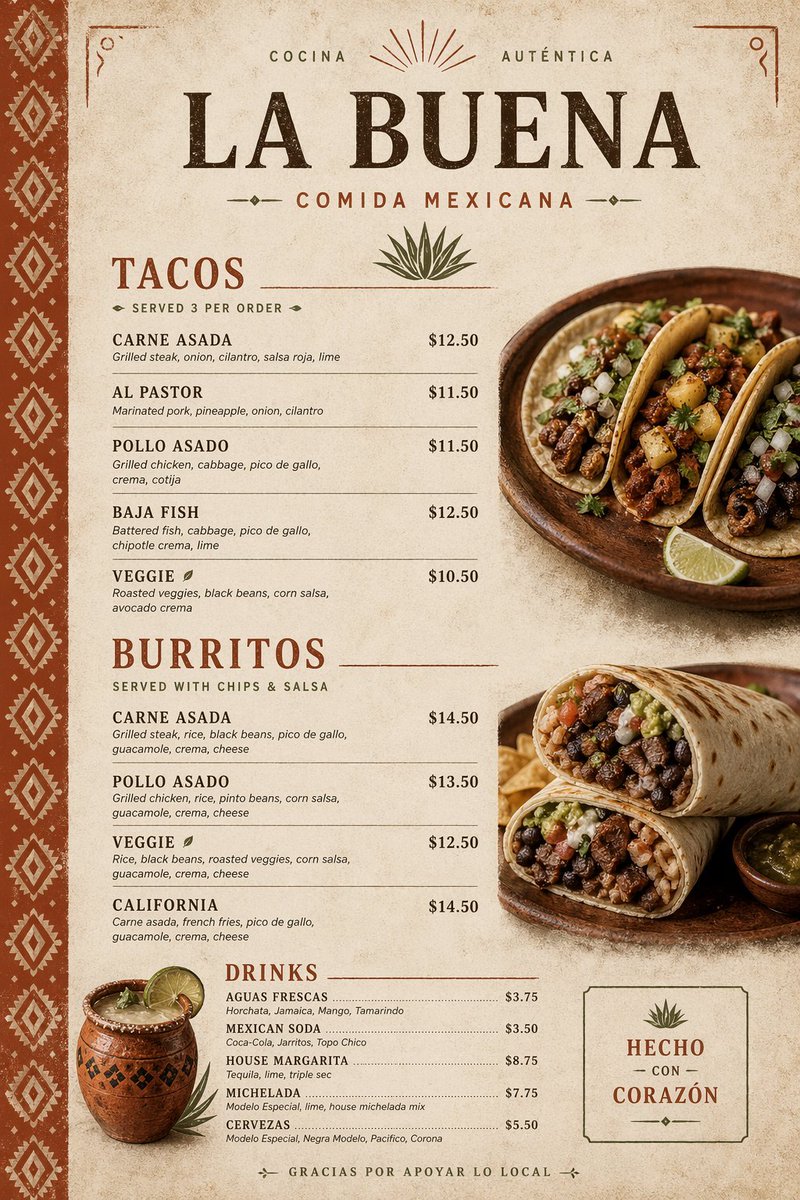 Modern Mexican Restaurant Menu Design AI image template preview