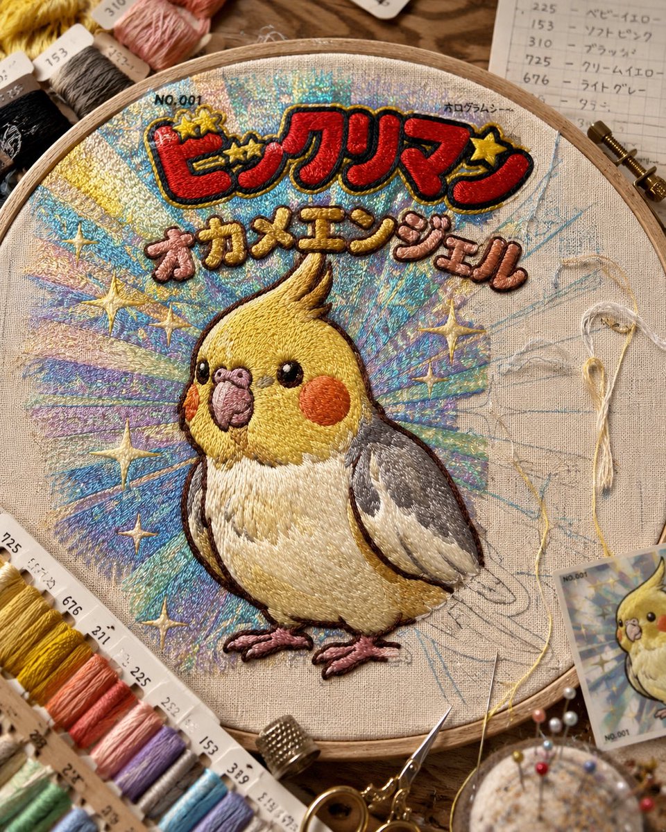 Holographic Cockatiel Embroidery Hoop AI image template preview