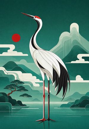 Geometric Red-Crowned Crane Poster AI image template preview