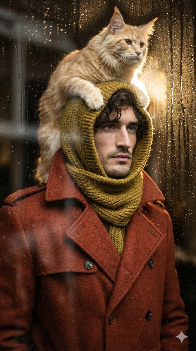 Low-angle man with hood scarf and cat on head AI image template preview