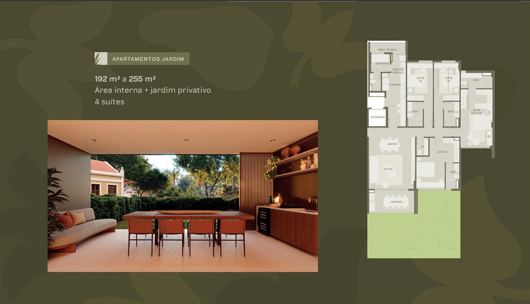Floor plan of the Apartamento Jardim, 192 m² to 255 m², 4 suites with private garden (typology already sold out)