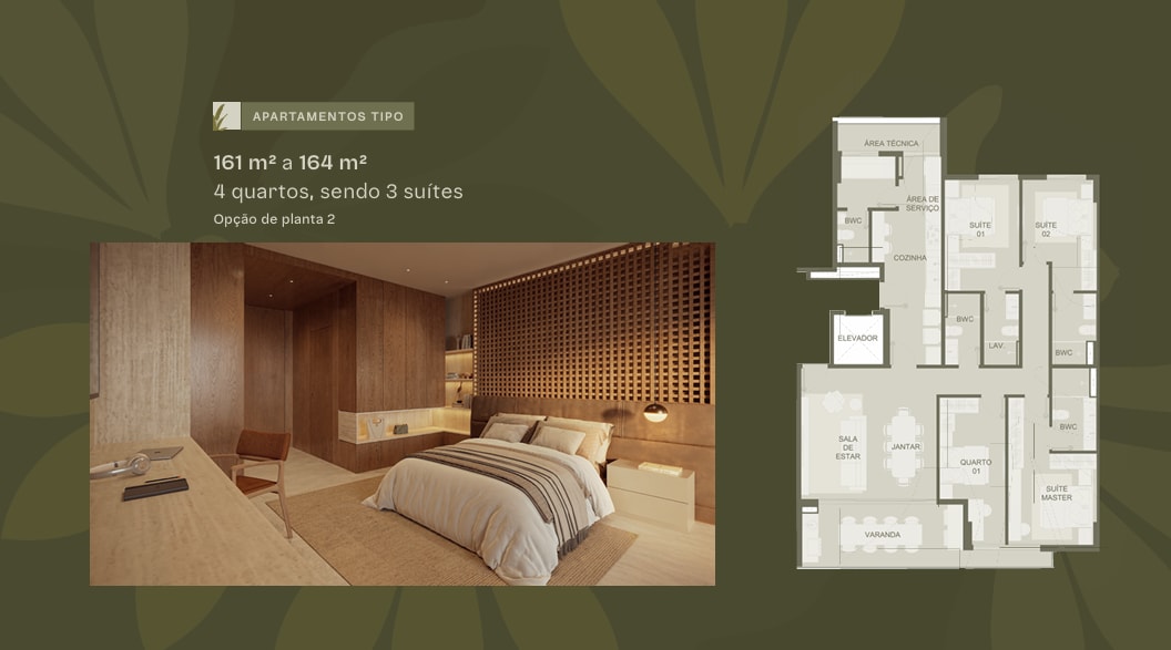 Floor plan of the 4-bedroom (3-suite) apartment, 161 m² to 164 m² — layout option 2 (current stock)