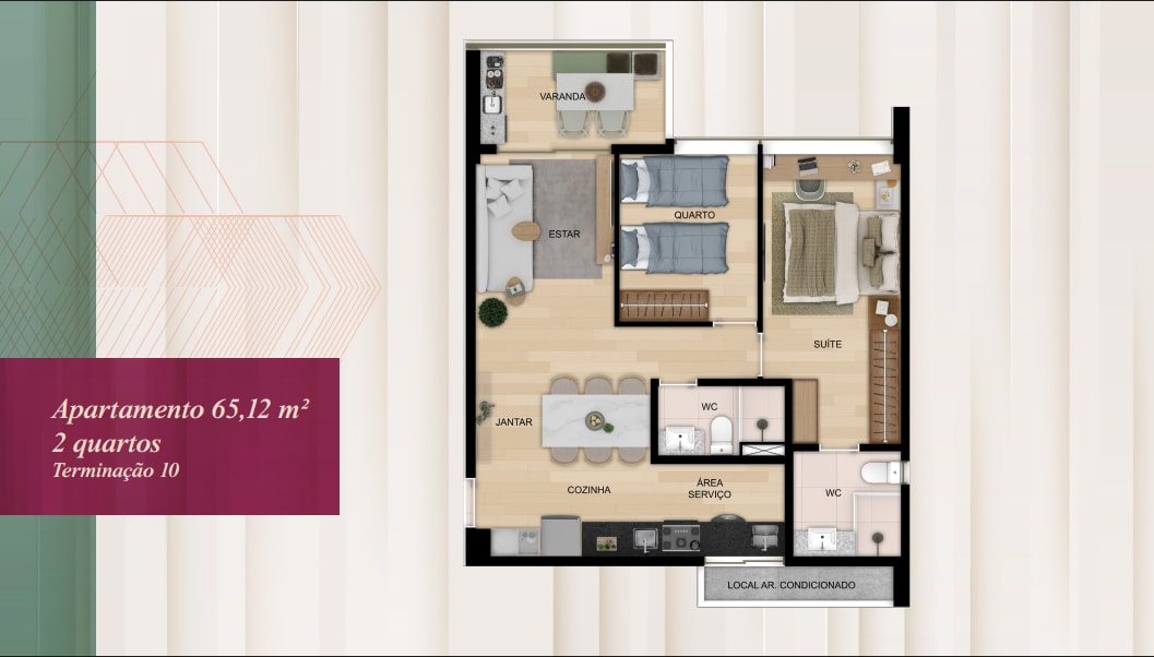 Floor plan - 65.12m² apartment, 2 bedrooms (Unit 10)