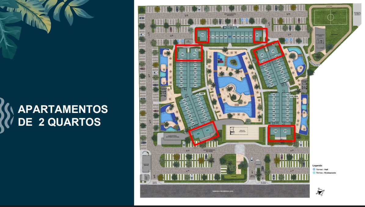Posição dos apartamentos de 2 quartos na implantação do Malia Beach Experience