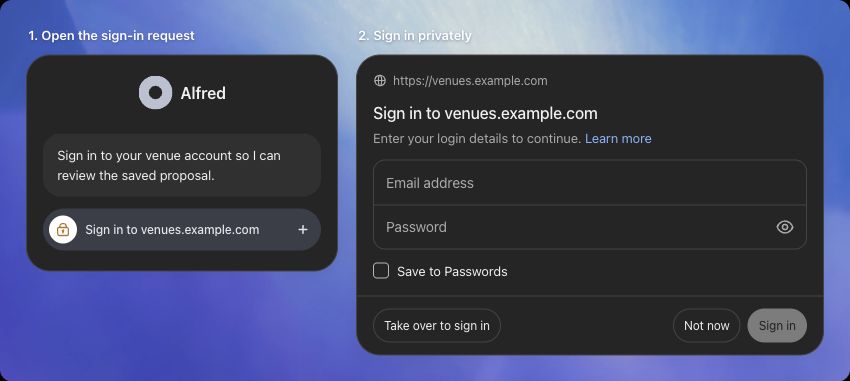 OpenAI illustration showing a Dot sign-in request beside a private website login form
