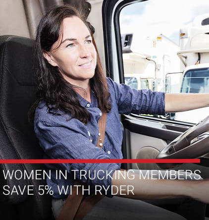 image with woman in truck for women in trucking members save 5% with ryder promotion