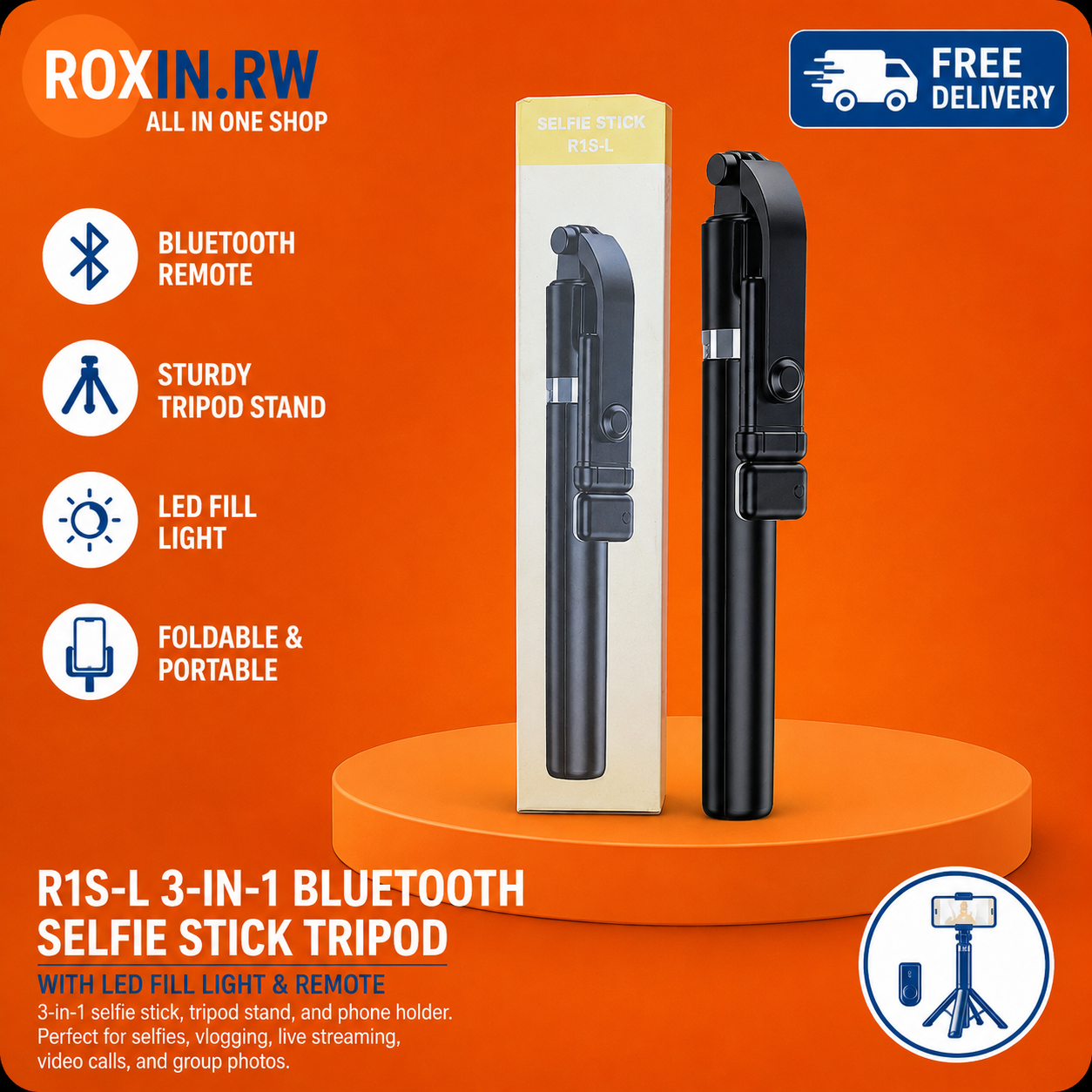 R1S-L 3-in-1 Bluetooth Selfie Stick Tripod