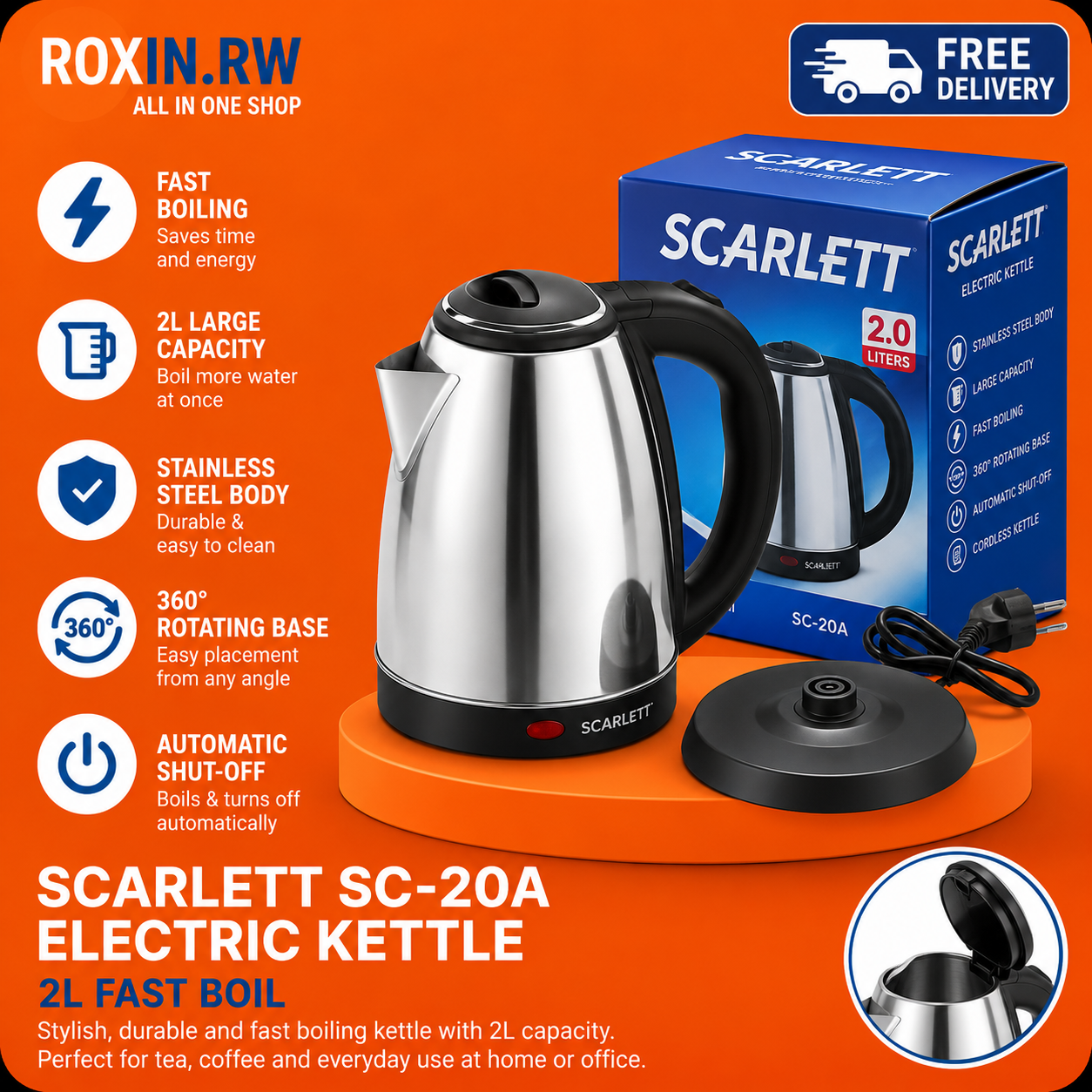 Scarlett SC-20A Electric Kettle – 2L Fast Boil