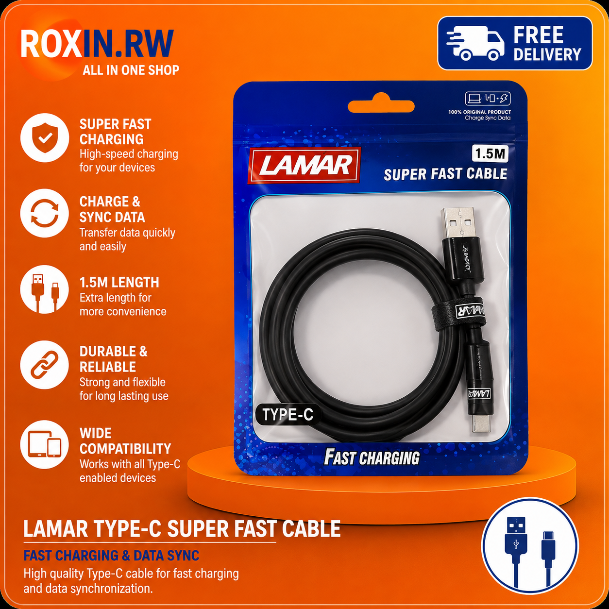 LAMAR 1.5M Type-C Super Fast Charging Cable