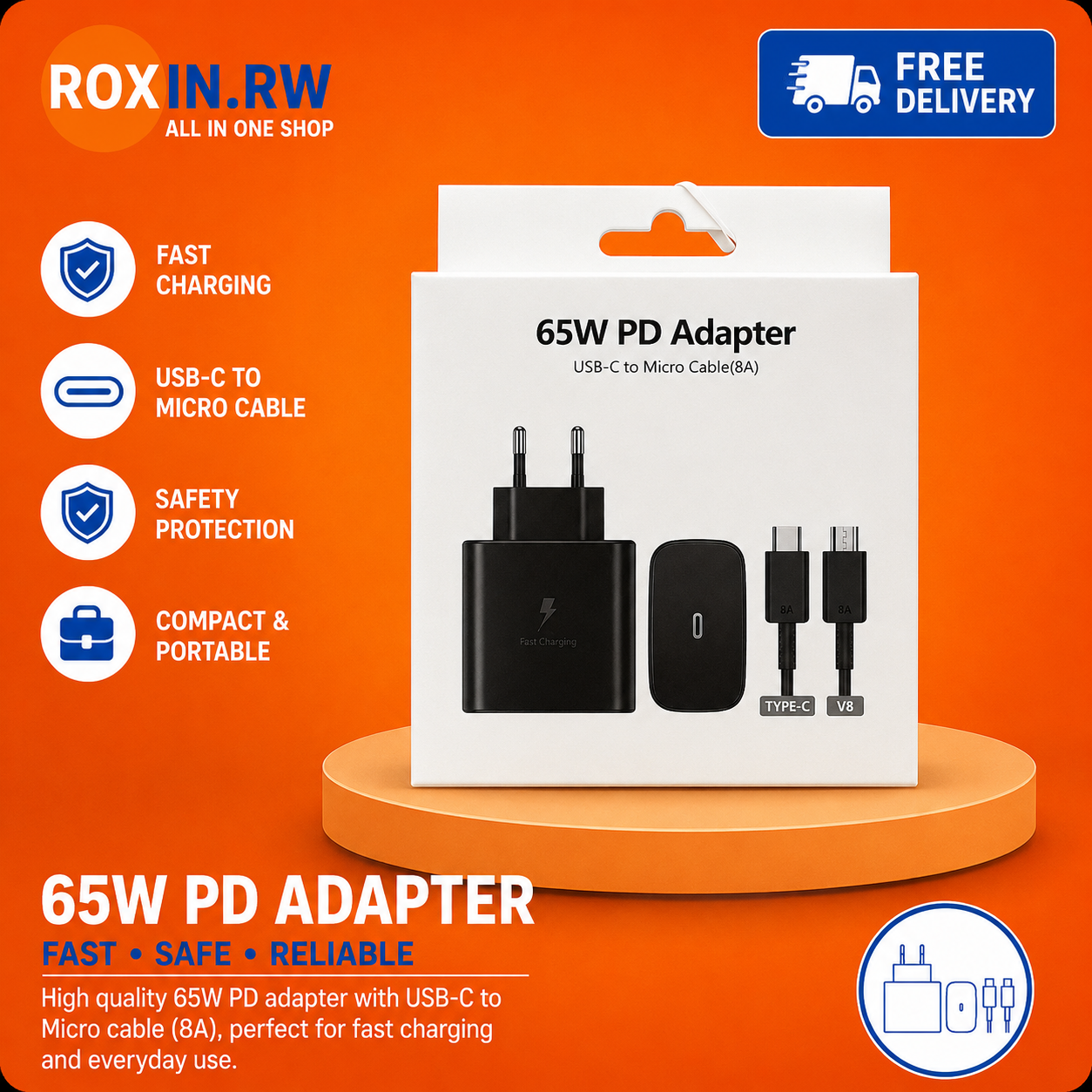65W PD Fast Charging Adapter with USB-C & V8 Cable