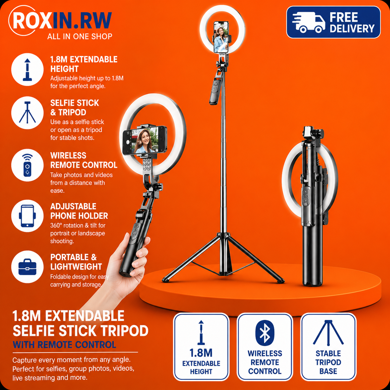 1.8M Extendable Selfie Stick Tripod with Remote Control
