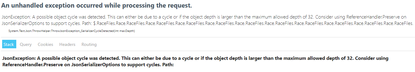 Solving Error "JsonException: A possible object cycle was detected" .NET Core