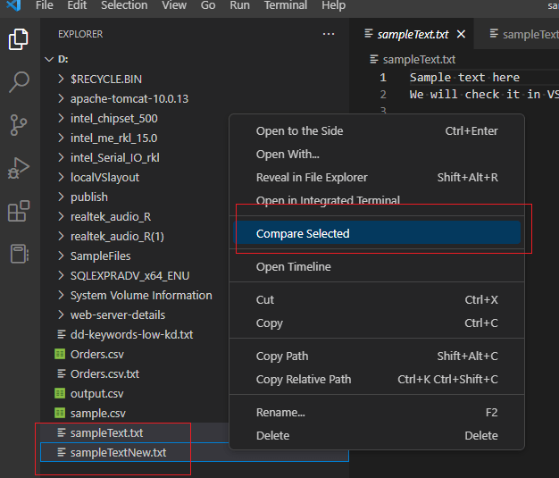 Compare 2 Files in VS Code