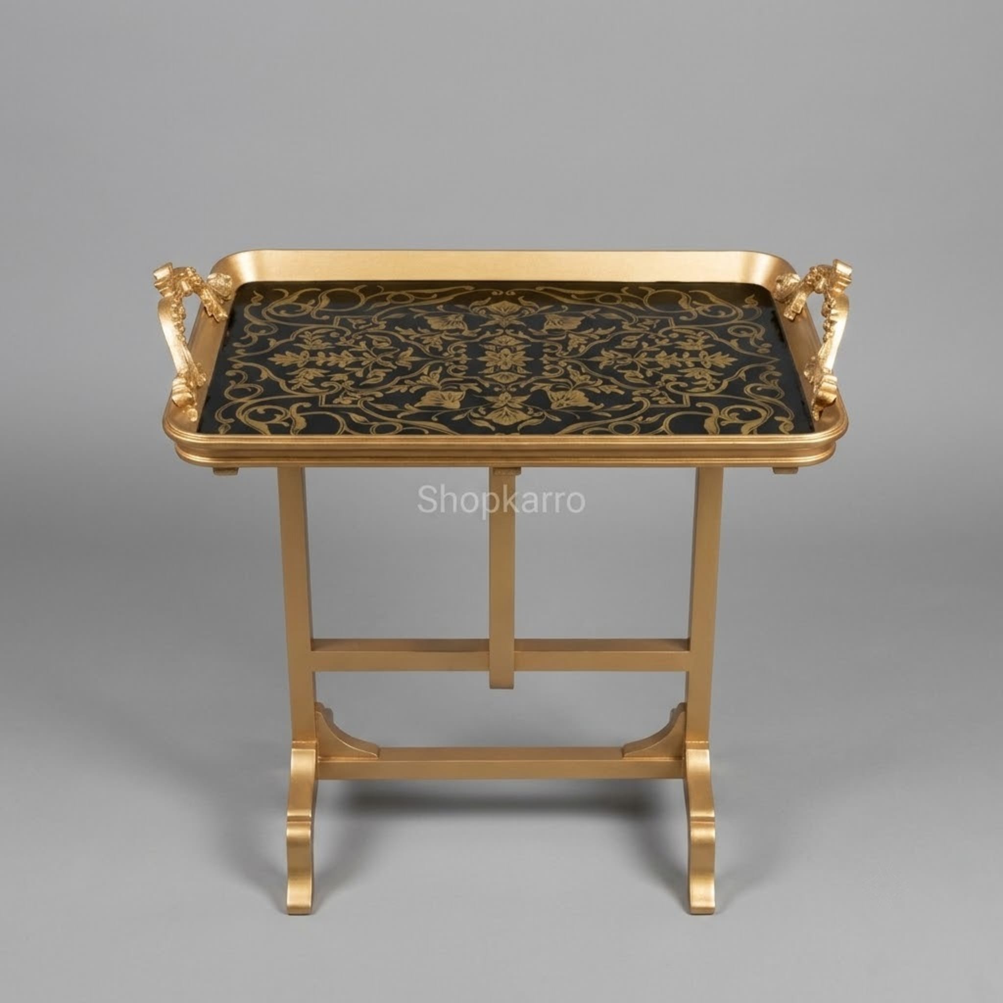 Royal Arabesque Folding Tray Table with gold hand-painted floral pattern on black top