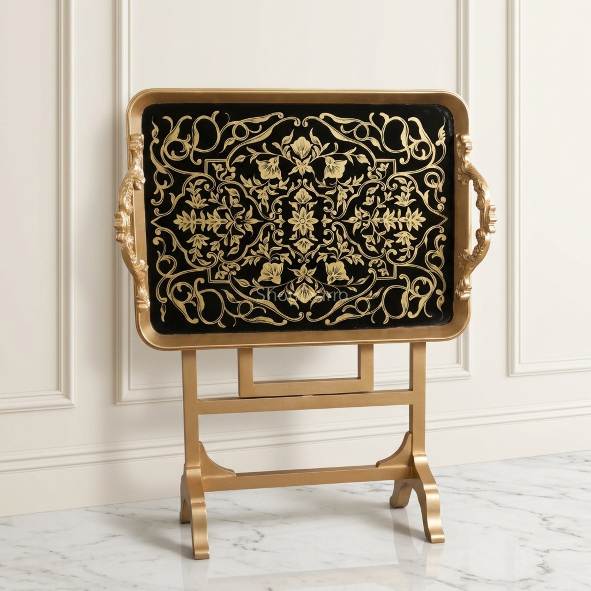 Royal Arabesque Folding Tray Table in folded position, showing side profile and gold X-base frame
