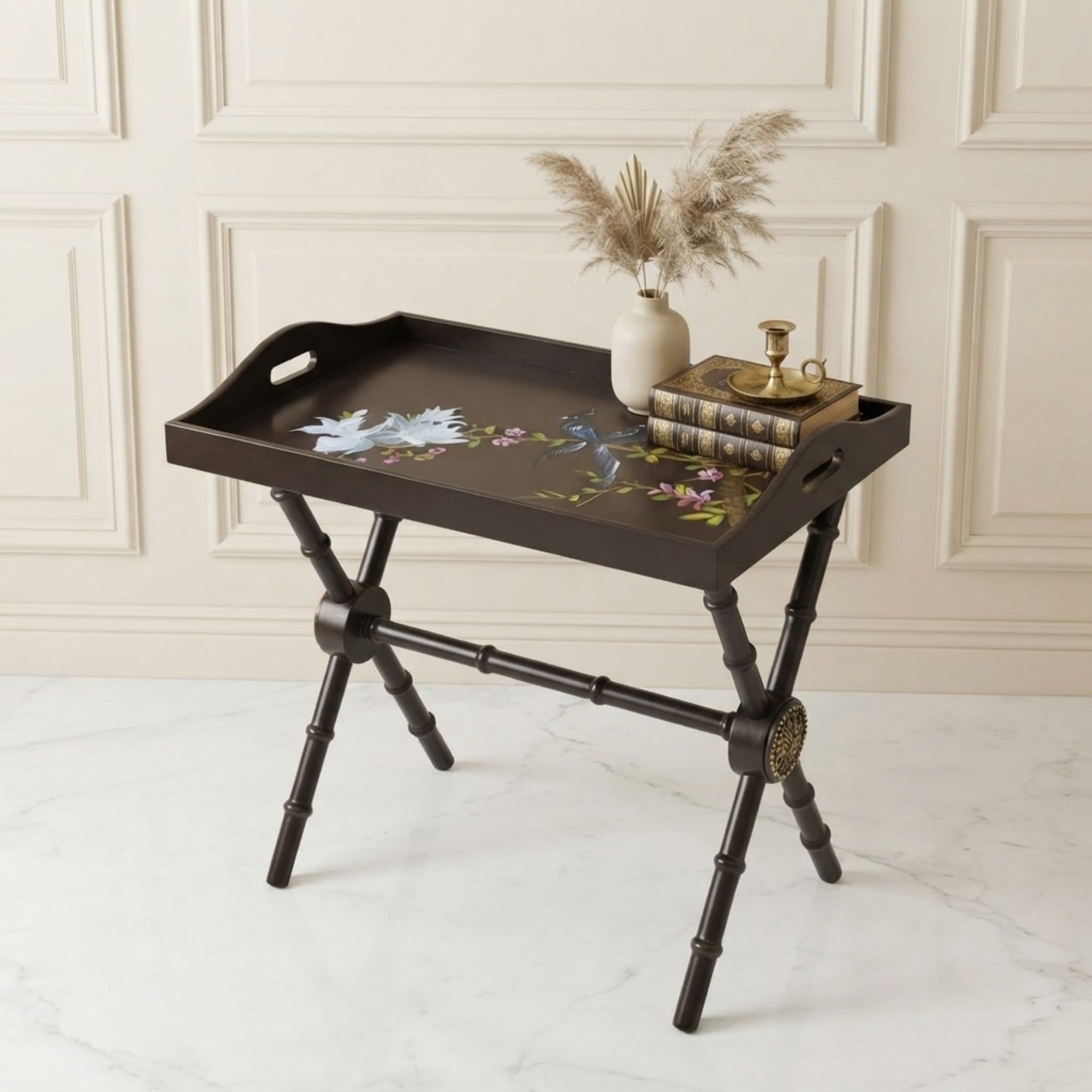 Bamboo-turned legs and brass medallion detail on Azure Songbird tray table
