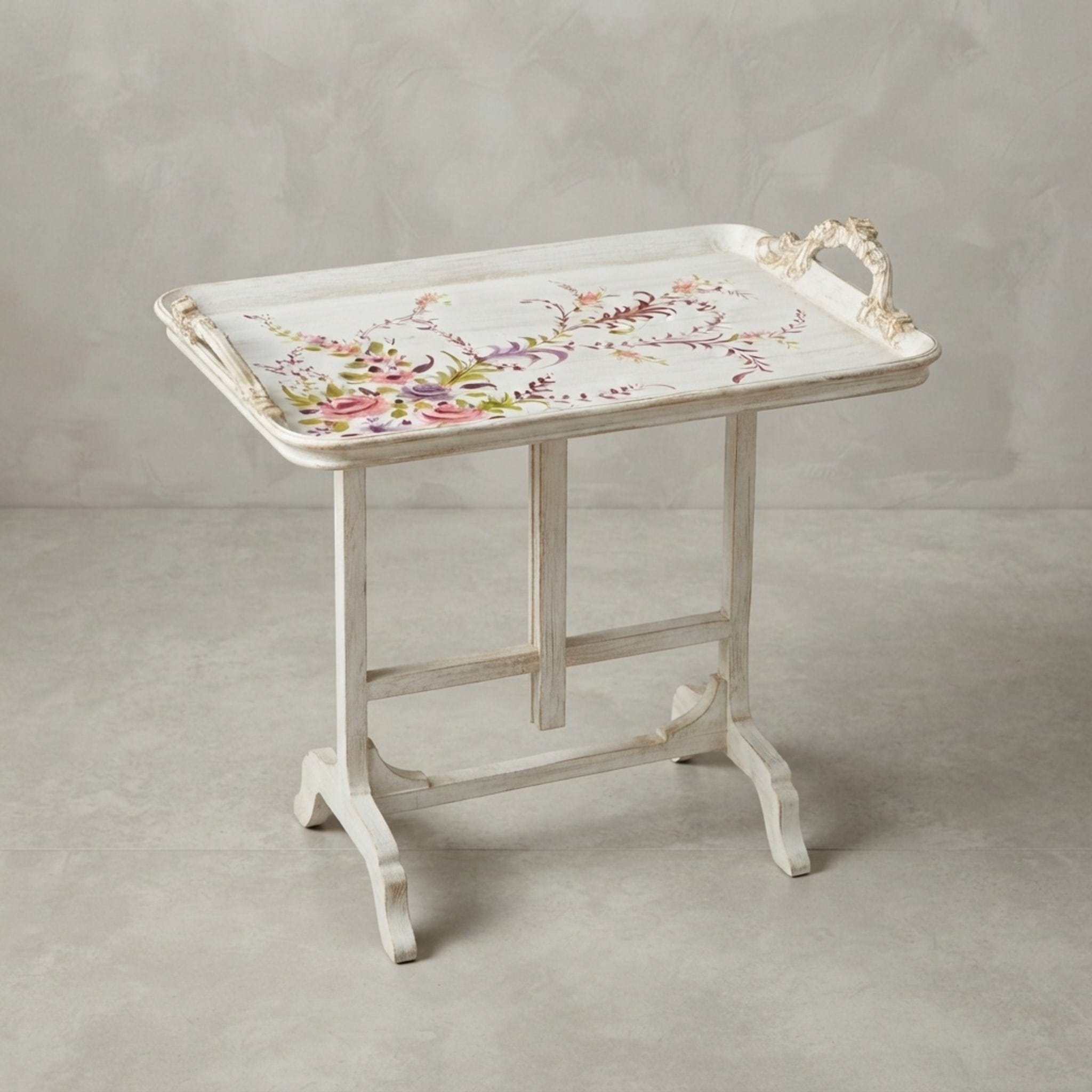 Heirloom Petal hand-painted white folding tray table with pink and purple floral design